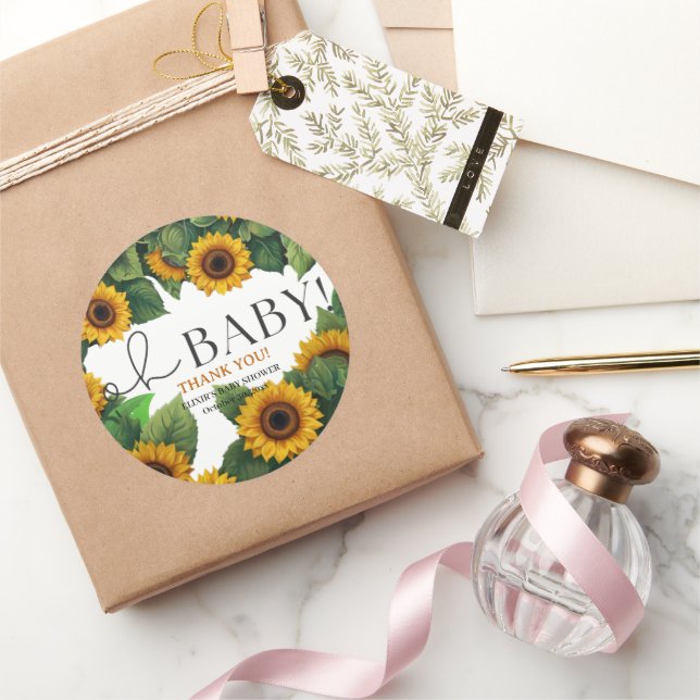 "Oh Baby" Modern Elegant Sunflower Baby Shower Classic Round Sticker (Gifting)