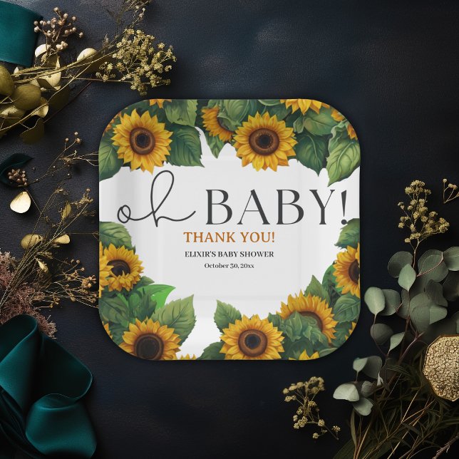 "Oh Baby" Modern Elegant Sunflower Baby Shower Paper Plates (Creator Uploaded)