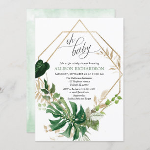 Oh baby modern geometric greenery baby shower invitation