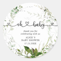 Oh Baby Modern Greenery Leaves Baby Shower Classic Classic Round Sticker