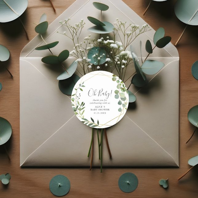 Oh Baby Modern Greenery Leaves Baby Shower Classic Round Sticker (Creator Uploaded)