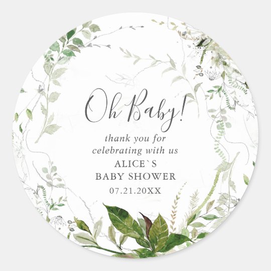 Oh Baby Modern Greenery Leaves Baby Shower Classic Round Sticker 