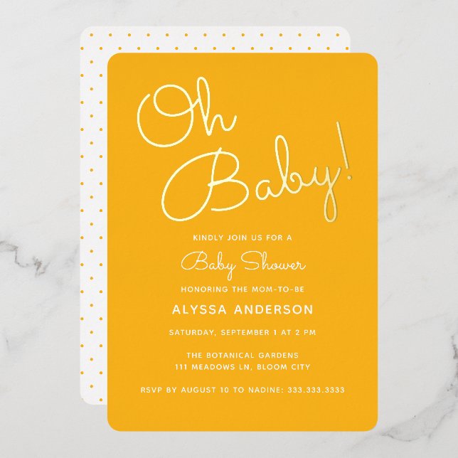 Oh Baby Modern Minimal Yellow Summer Baby Shower Foil Invitation (Front/Back)