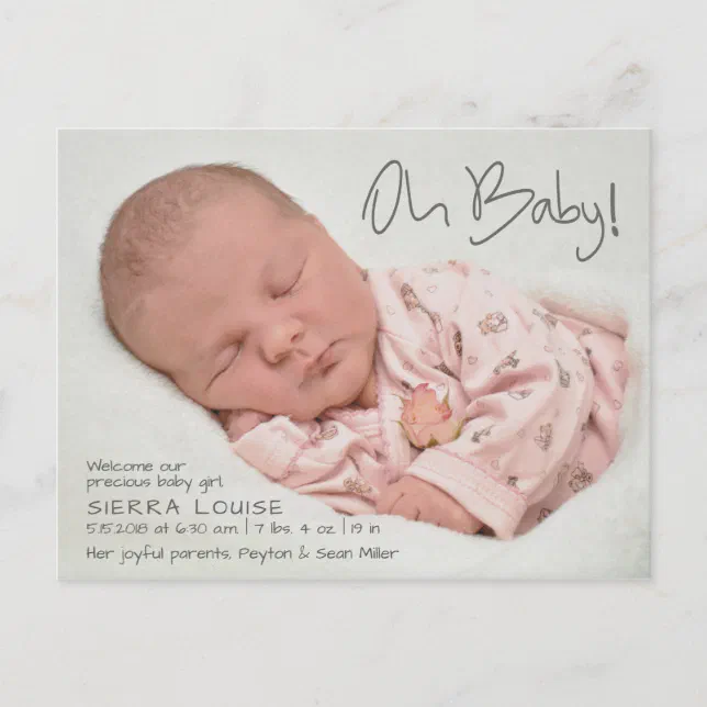 Oh Baby! Modern Photo Birth Announcement Postcard Zazzle