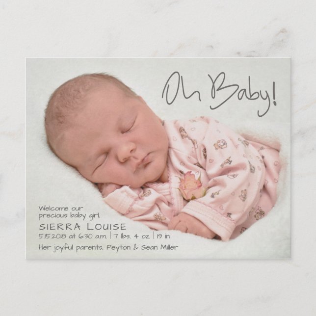 Oh Baby! Modern Photo Birth Announcement Postcard (Front)