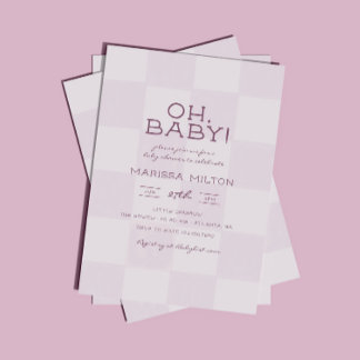 Oh Baby Modern Pink Checkered Baby Shower Invitation