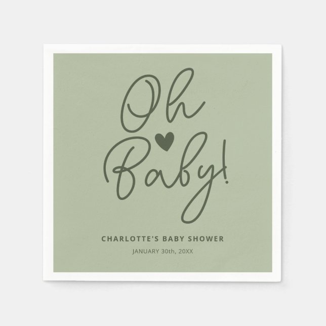 Oh Baby Modern Sage Green Baby Shower Custom Napkins (Front)