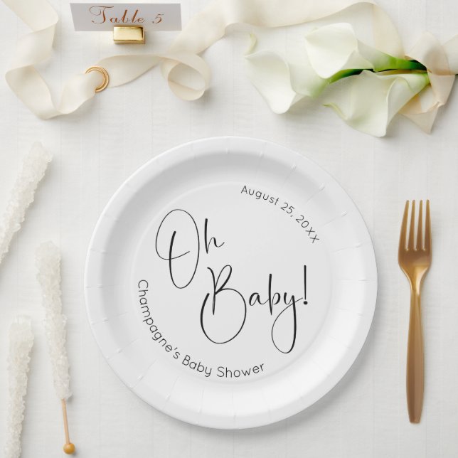 Oh Baby Modern Script Baby Shower Paper Plates (Wedding)