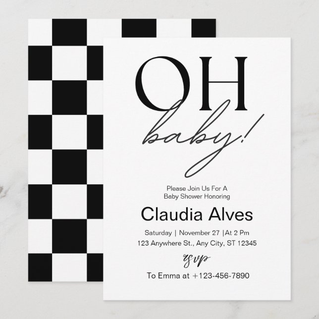 Oh Baby Modern Simple Black Baby Shower Invitation (Front/Back)