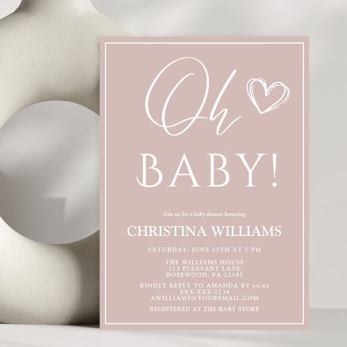 Oh Baby Modern Simple Blush Pink Baby Shower Invitation