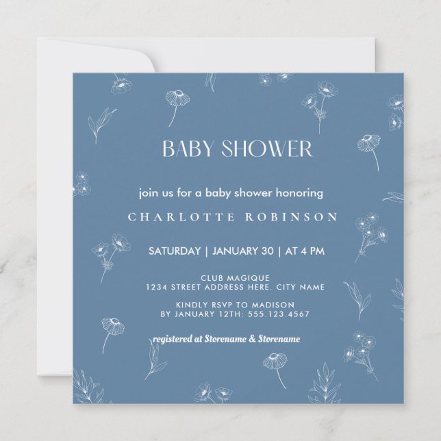 Oh Baby Modern Simple Dusty Blue Boy Baby Shower  Invitation (Front)