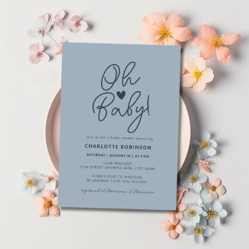 Oh Baby Modern Simple Dusty Blue Boy Baby Shower Invitation by clubmagique at Zazzle