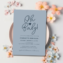 Oh Baby Modern Simple Dusty Blue Boy Baby Shower Invitation