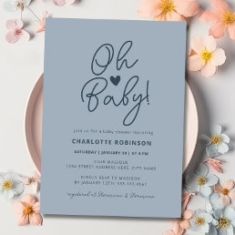 Oh Baby Modern Simple Dusty Blue Boy Baby Shower Invitation