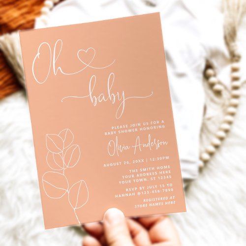 Oh Baby Modern Soft Peach Eucalyptus Baby Shower Invitation