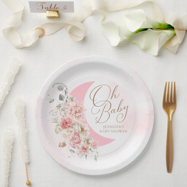 Oh Baby Moon Girl Baby Shower Paper Plates (Wedding)