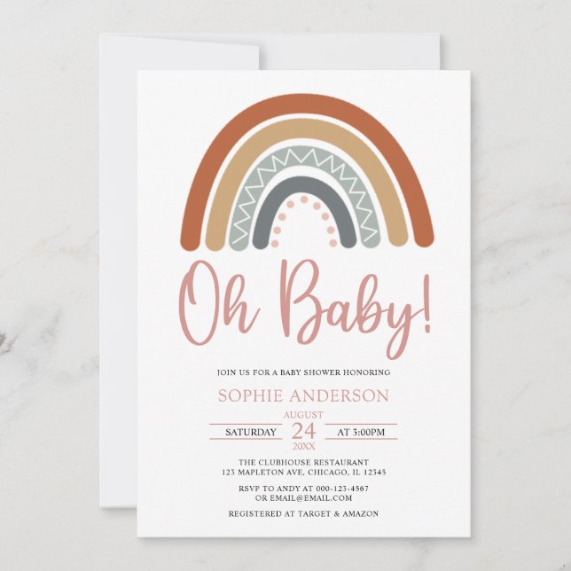 Oh Baby Muted Tones Boho Rainbow Baby Shower Invitation (Front)