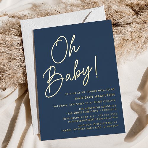 Oh Baby Navy and Gold Script Baby Shower Foil Invitation