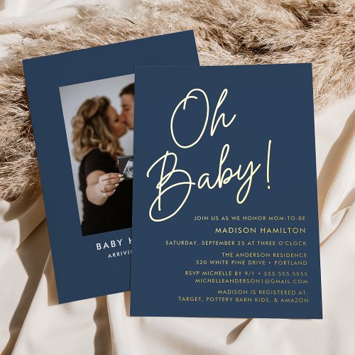 Oh Baby Navy and Gold Script Photo Baby Shower Foil Invitation