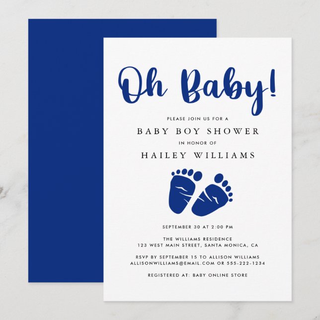 Oh Baby Navy Blue Baby Feet Shower Invitation (Front/Back)