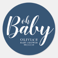 Oh Baby - Navy Blue Baby Shower Classic Round Sticker