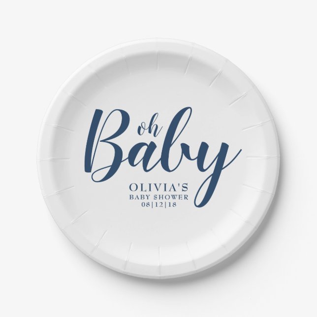 Oh Baby - Navy Blue Baby Shower Paper Plates (Front)