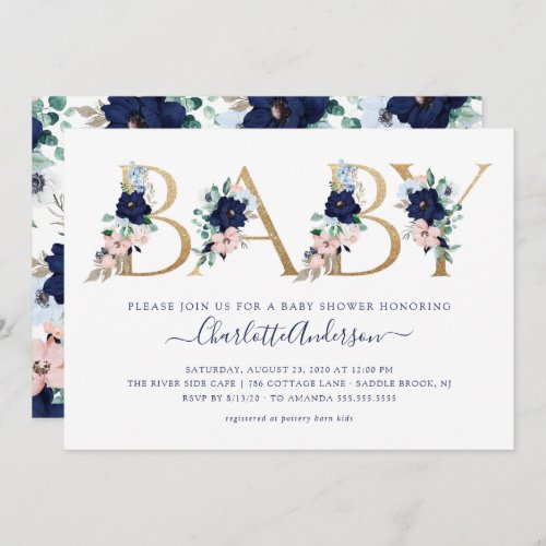 Oh Baby Navy Blue  Blush Floral Baby Shower Invitation