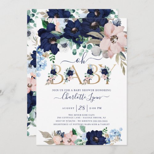 Oh Baby Navy Blue  Blush Floral Baby Shower Invitation