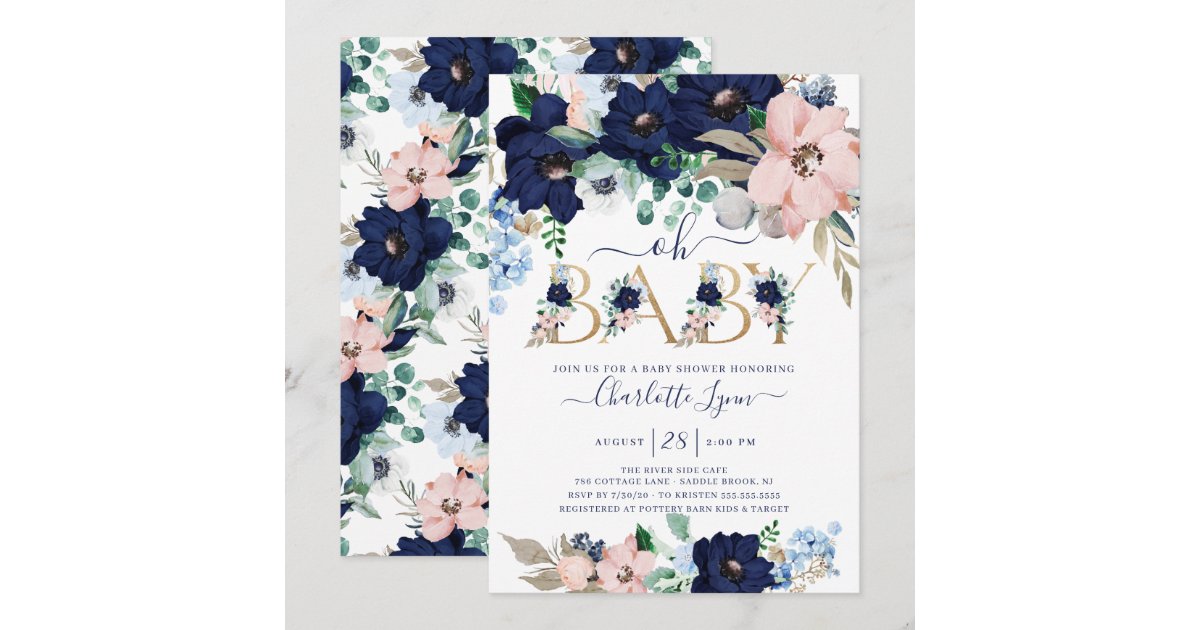 Oh Baby Navy Blue & Blush Floral Baby Shower Invitation Zazzle
