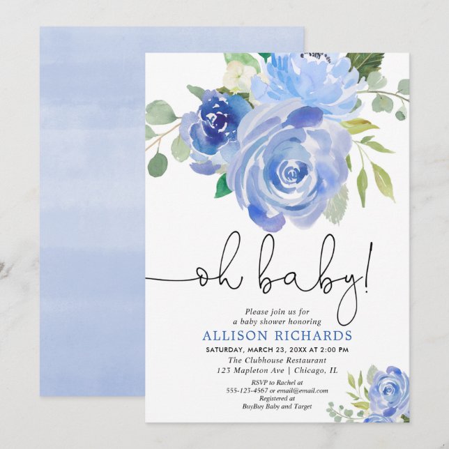 Oh baby Navy blue floral boy baby shower Invitation (Front/Back)