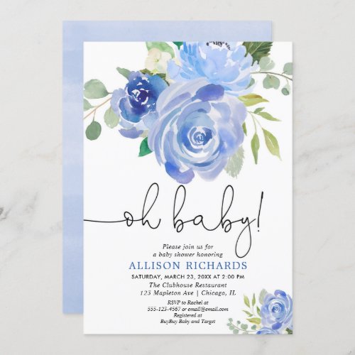 Oh baby Navy blue floral boy baby shower Invitation