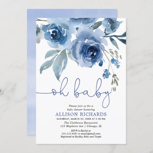Oh Baby Navy blue floral elegant baby shower Invitation