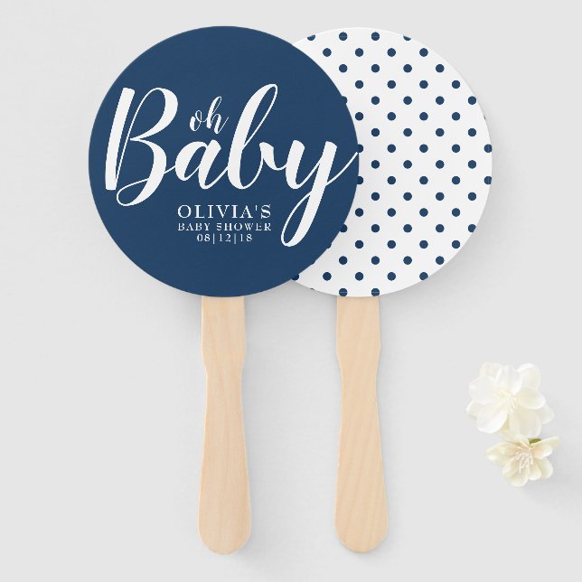 Oh Baby - Navy Blue Polka Dot Baby Shower Hand Fan (Front and Back)