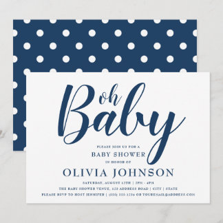 Oh Baby - Navy Blue Polka Dot Baby Shower Invitation