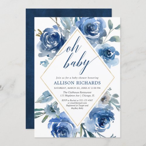 Oh baby navy blue white floral boy baby shower invitation