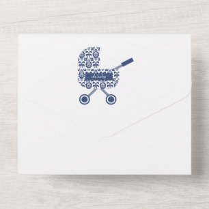Oh Baby Navy Damask Pram Baby Shower All In One Invitation