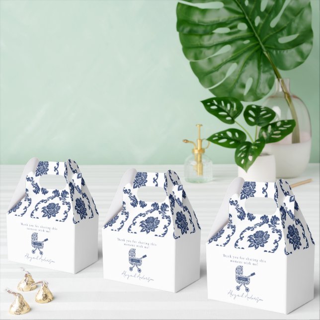 Oh Baby Navy Damask Pram Baby Shower  Favor Boxes (Multiple)