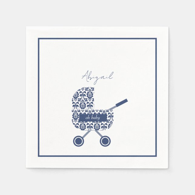 Oh Baby Navy Damask Pram Baby Shower  Napkins (Front)