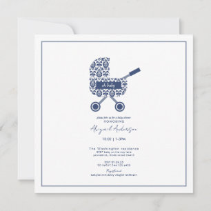 Oh Baby Navy Damask Pram Baby Shower Square Invitation