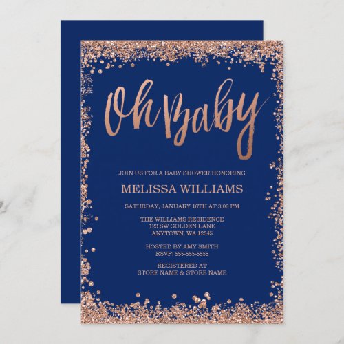 Oh Baby Navy Faux Rose Gold Glitter Baby Shower Invitation