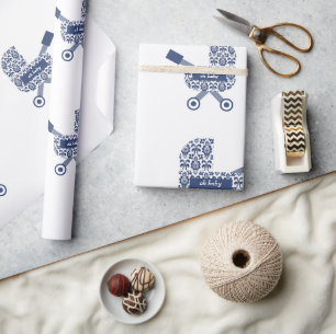 Oh Baby Navy Pram Baby Shower Wrapping Paper