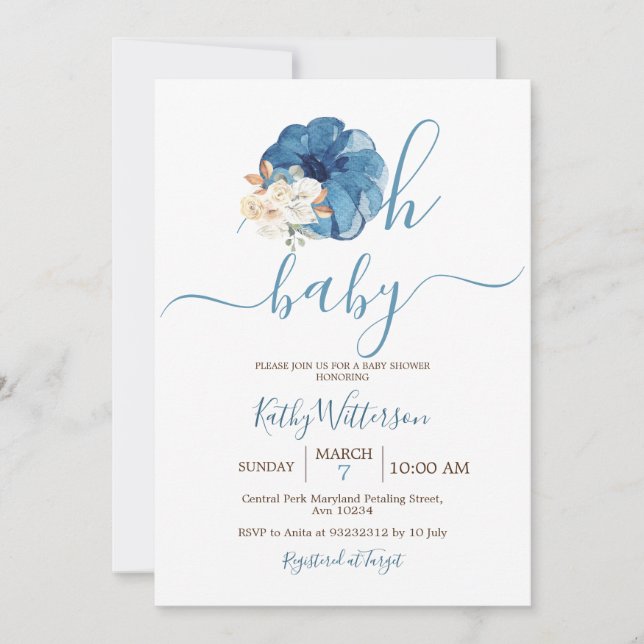 Oh Baby Navy Pumpkin Floral Baby Shower Invitation (Front)