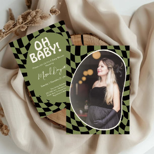 Oh Baby! Olive Green Checkered Modern Baby Shower  Invitation