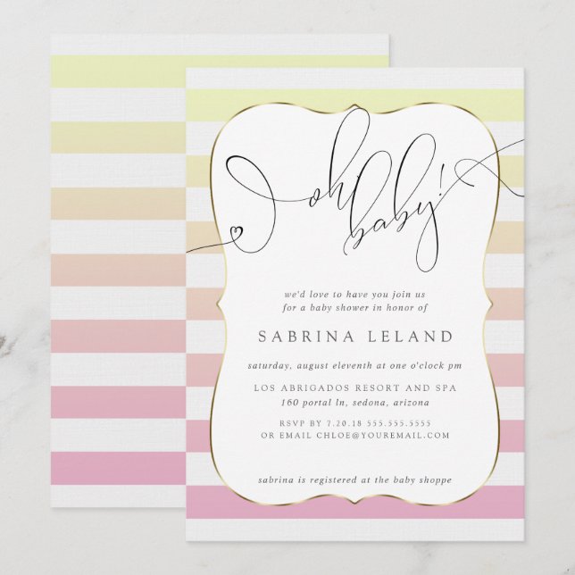 OH Baby Ombré Yellow to Pink Stripes Invitation (Front/Back)