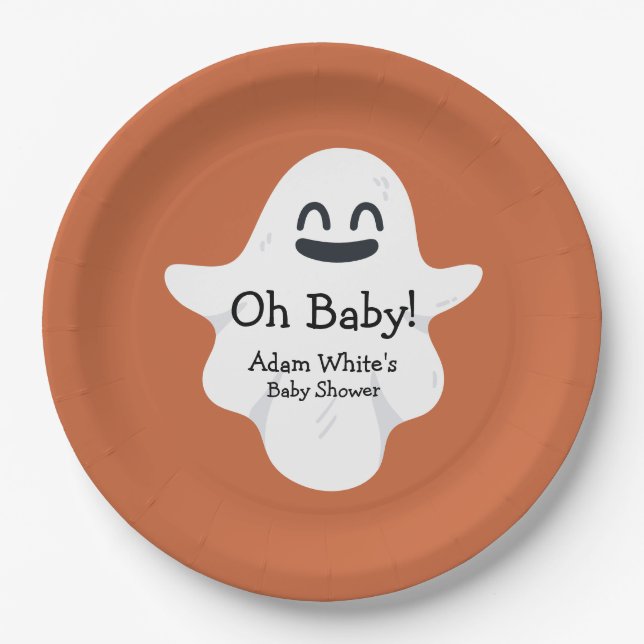 Oh Baby Orange Ghost Halloween Baby Shower Paper Plates (Front)