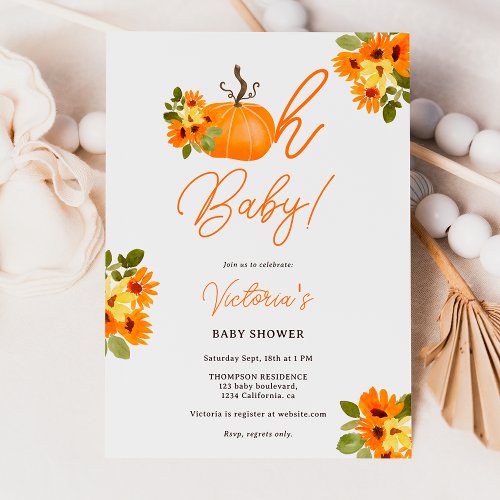 Oh Baby orange pumpkin floral neutral baby shower Invitation