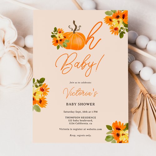 Oh Baby orange pumpkin floral neutral baby shower Invitation