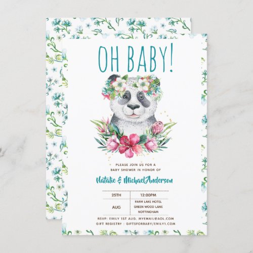 Oh Baby Panda Bear Watercolor Floral Boho Shower Invitation