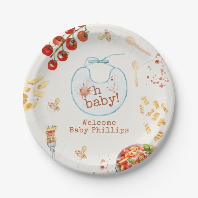 Oh Baby Pasta & Pacifiers Blue Baby Shower Paper Plates (Front)