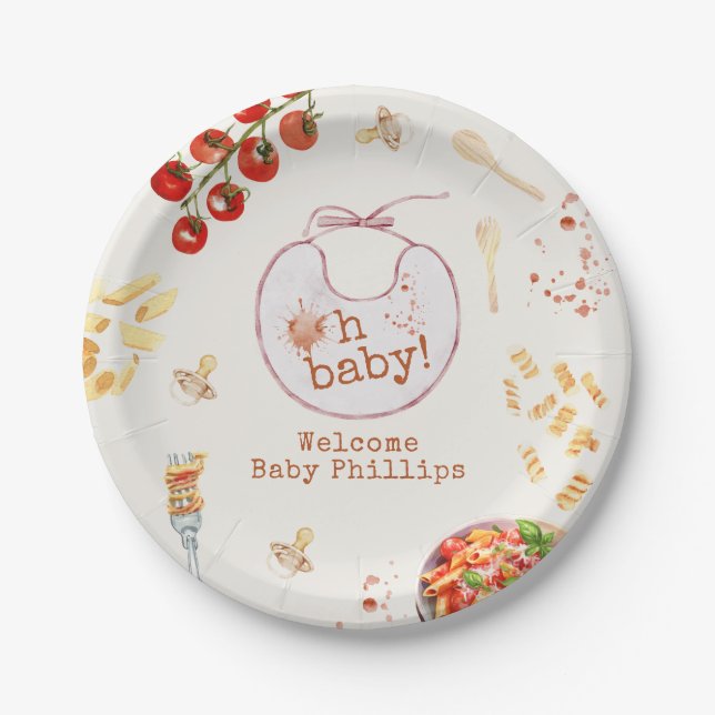 Oh Baby Pasta & Pacifiers Pink Baby Shower Paper Plates (Front)